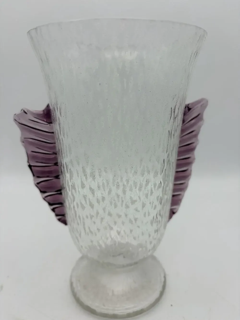 Vintage Hand Blown vase. white splattered mottled body and plum side fins.